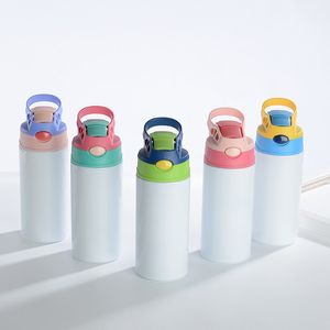 Sublimation Blanks Kids Tumbler Baby Bottle Sippy Cups 12 OZ White Water Bottle with Straw and Portable Lid 5 Color Lids Sublimation Print