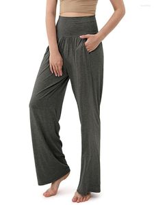 Kvinnors byxor Bekväm fast färg med hög midja bred ben för kvinnor - Löst fit yogo -lounge med fickor perfekt strand och