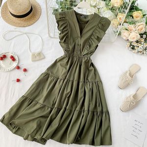 Abiti casual 2023 Scollo a V Ruffles Button Midi Dress Summer Party Tank Vestito estivo Donna Vita alta A-Line Beach Holiday Vestido De Festa