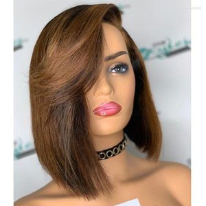 Highlight Side Part Short Bob Full Lace Human Hair Wigs For Black Women Pre Plucked 150Density 360 Frontal With Bangs