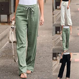 Women's Pants 2023 Spring/summer Women's Trousers Pure Colour Cotton Linen Elastic Waist High Tied Breathable Wide Leg