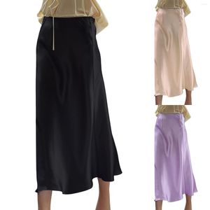 Skirts Women's Satin High Waist Hidden Elasticized Waistband Flared Casual A Line Midi Skirt