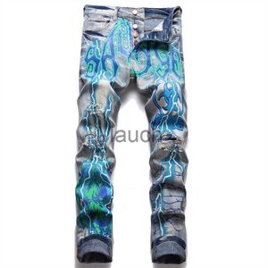 Men's Jeans Men Print Jeans Streetwear Letters Lightning Painted Stretch Denim Pants Vintage Blue Ripped Buttons Fly Slim Tapered Trousers J230626