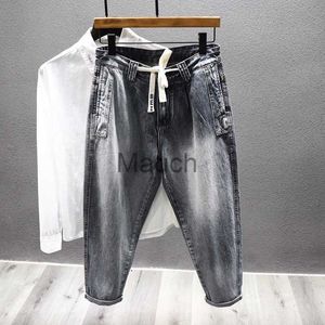 Erkek Kot Elastik Bel Kot erkek Mavi Gri Retro Ağartılmış Baggy Moda Dstring Konik Haron Kot Kot Pantolon Streetwear J230626