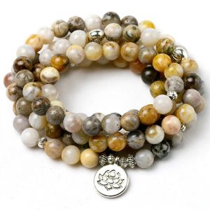 Bangle 8mm bambu lämnar onyx natursten mala 108 bönpärlor halsband armband män kvinnor buddhist om charm armband yoga smycken