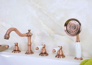 Bathroom Sink Faucets Antique Red Copper Brass Deck 5 Holes Bathtub Mixer Faucet Handheld Shower Widespread Set Basin Water Tap Atf227