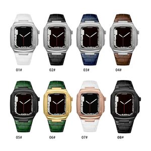 Luxury Straps Protective Case Mod Kit Stainless Steel Cover Shell Crocodile Leather Strap DIY Cases Watchband Bracelet Band For Apple Watch Series 4 5 6 7 8 45mm 44mm