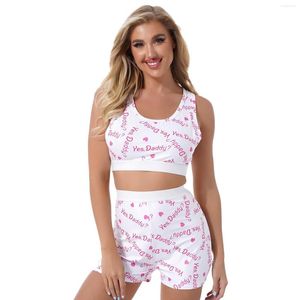 Pijamas femininos femininos, gola redonda, sem mangas, lingerie, estampado com letras, conjunto de pijamas para esportes de verão, roupas de ioga, regata cortada com shorts