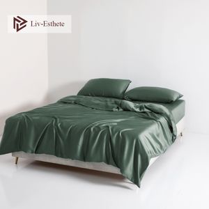 寝具セットLiv-esthete Luxury Green 100％Silk Silk Bedding Set Quilt Duvet Cover Set Queen King Pillowcaseダブルベッドリネンシルクライフ230625