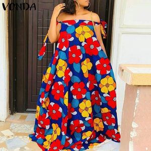 Klänningar bohemisk maxi klänning vonda 2023 kvinnor sexig off axel vintage blommig tryckt veckad lång vestidos ärmlös sommarparty mantel