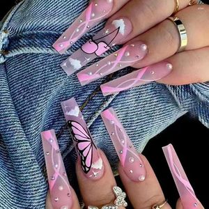 Falska naglar DIY Fake Set Wearable Manicure med gelé Lim Full Cover Akryl Nail Tips Pink Farterfly Diamond Wholesale