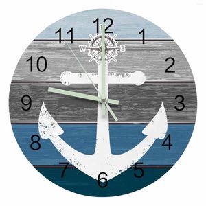 Wall Clocks Vintage Farm Barn Wood Grain Anchor Blue Luminous Pointer Clock Home Ornaments Round Silent Living Room Decor