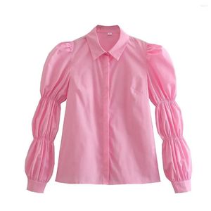 Kvinnors blusar 2023 Europeiska och amerikanska sommarbubbla ärm designkänsla liten rosa skjorta topp kvinnor