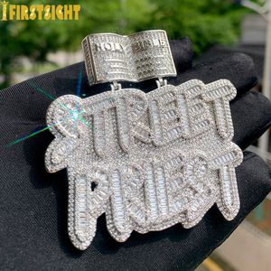 Charms Iced Out Bling Letters Street Priest Pendant Necklace Silver Color Rectangle CZ Zircon Badge Charm Men's Hip Hop Jewelry 230626