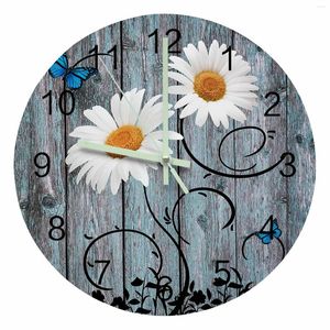 Wall Clocks Daisy Retro Wood Grain Butterfly Luminous Pointer Clock Home Ornaments Round Silent Living Room Office Decor