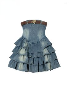 Casual Dresses Summer Women Vintage ärmlös denimklänning A-Line Frocks Ruffle Design 2000s Estetic Backless Korean Fashion Party Y2K