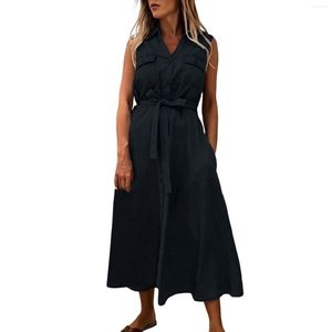Günlük Elbiseler Kadın Giyim Yaka Boyun Kolsuz Düğme Açık Büstü Kemer Bayan Şal Gevşek Elbise Uzun Kollu Tunik