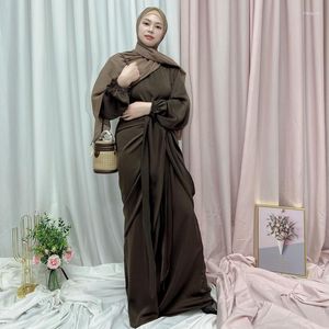 Abbigliamento Etnico 2 Pezzi Eid Raso Abaya Per Le Donne Dubai Turco Modestia Caftano Tinta Unita Manica Lunga Hijab Veste Islam Vestito Avvolgente Anteriore Maxi