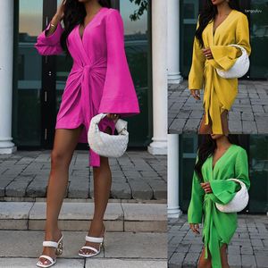 Casual Dresses Dashiki African Elegant Women 2023 Long Flare Sleeve V Neck Dress Soe Up Solid A Line Sexy Office Lady Summer