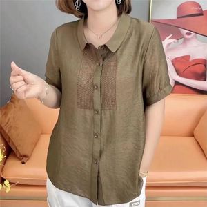 Camicette da donna Camicia abbottonata in lino di cotone vintage con ricamo da donna Moda estiva Solid manica corta allentata Casual semplice da donna