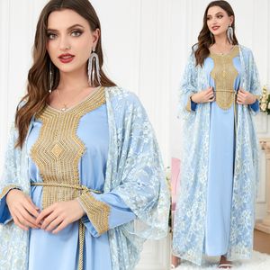 QNPQYX Novo Conjunto de 2 Peças de Luxo Dubai Robe Muçulmano Abaya Feminino Vestido Árabe Vestidos de Renda Étnicos Moda de Verão Kaftans Plus Size Jilbab Islam