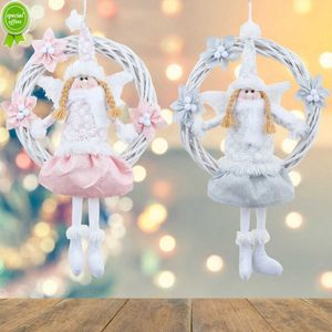 Guirlanda de anjo branco de natal guirlanda de rattan boneca rosa porta pendurada anjo de natal boneca de pelúcia pingente enfeites de árvore de natal pendurados