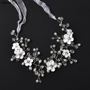 Pretty White Handmade Flowers Wedding Headpieces For Bride Fashion Rhinestones Beaded Hairdress Headband Women Prom Ceremony Wedding Hair Accessories CL2488