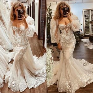 Berta Mermaid Wedding Dresses Sweetheart Appliques spets bröllopsklänning puffy ärmar Vintage Robe de Mariee brudklänningar