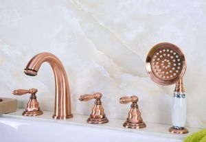 Bathroom Sink Faucets Antique Red Copper Brass Deck 5 Holes Bathtub Mixer Faucet Handheld Shower Widespread Set Basin Water Tap Atf236
