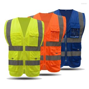 Abbigliamento da motociclista Gilet di sicurezza giallo fluorescente ad alta visibilità con logo personalizzato Tasche riflettenti e cerniera per abbigliamento da lavoro da uomo