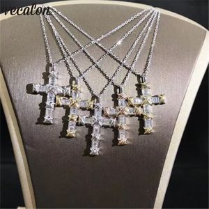 Vecalon Fashion Cross Pendant Real 925 Sterling Silver AAAAA Zircon CZ Party Wedding Pendants With Necklace For Women smycken