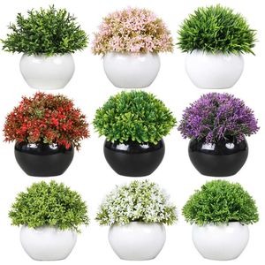 Planters krukor Konstgjorda växter Kraftad grön bonsai små träd gräs växter pot prydnad falska blommor för hem trädgård sovrum dekoration