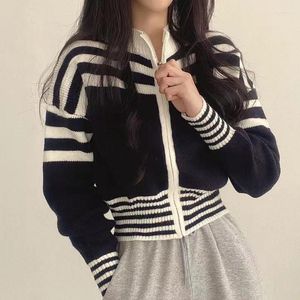 Frauen Strick Zipper Frühling Gestreiften Langen ärmeln Koreanische Und Mantel Vintage Kragen Pullover Top Stand-up Chic Sommer frau Strickjacke