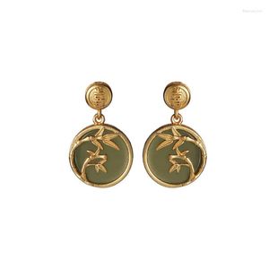 Studörhängen 925 Sterling Silver Gold Plated Hetian Grey Jade Ear Studs Bamboo Joint Peace Buckle Earring Pendant For Ladies