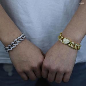 Braccialetti di collegamento di lusso Hip Hop Iced Out Bling CZ Catena di chiusura a forma di cuore Bracciale donna Miami Cuban Cubic Zirconia Chunky all'ingrosso