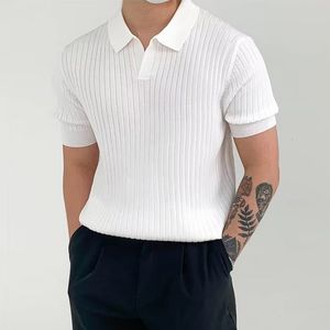 Men's Polos Fashion Knit Solid Color Men's Polo Shirt Slim Short Sleeve Turn-down Collar Ribbed Polo Tee Summer Men Clothes Casual Tops 230625