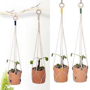 Planters Pots Handmade Plant Wall Hanging Flower Pots Baskets Holder Cotton Rope Plant Pot Shelf for Indoor Outdoor Bonsai Home Garden Decor