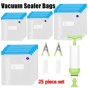 Clothing Wardrobe Storage 25 Pieces Set Vacuum Sealer Bags Food Vegetables and Fruits Transparent Airtight Bag with Hand Pump Lables for note 230625