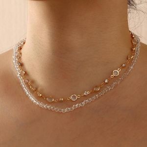 Chains Boho Double Gold Color Metallic Necklace Shiny Crystal Piece Clear Beaded Clavicle Girls 2023 Fashion Jewelry Gifts