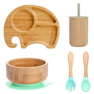 Copos Pratos Utensílios Morder Mordidas 5 Pçs/Conjunto Talheres Infantil Tigela Prato Garfo Colher Copo Sucção Alimentar Alimentos Bambu Talheres Sem BPA Antiderrapante 230625