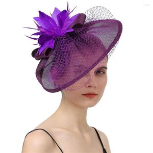 Boinas Encantadora Roxo Casamento Mesh Cabelo Fascinators Chapéu Véu Pena Flor Acessório para a Cabeça Feminino Feminino Festa Casado Raça SYF310