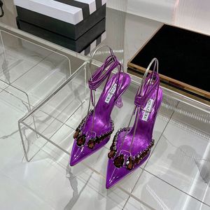 Aquazzura roxo Sapatos de pvc enfeitados com cristais Bandagem carretel de salto agulha sandálias femininas Decoração com strass Designers de luxo Sapato social Sapatos para noite