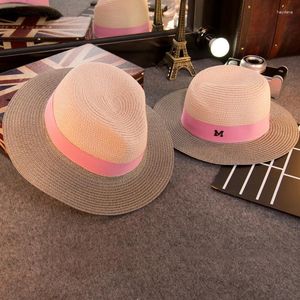 Boinas Primavera y verano M Etiqueta Sombrero de paja Correas rosadas Top plisado Tendencia Jazz Casual Beach Direct