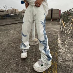 Erkekler kot serin tasarım patchwork beyaz pamuklu erkekler bol pantolon y2k kıyafetler düz hip hop punk gevşek denim pantolon ropa hombre 230625