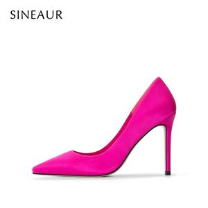 Buty Sineaur Buty dla kobiet 2021 10 cm Super wysokie cienkie obcasy spiczaste palce satynowe pompki czerwone biuro damskie sukienka Plus Size 3545