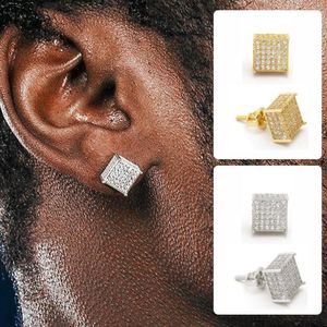 Brincos Punk Hip Hop Orelha com Rosca Agulha Iced Out Zircônia Para Homens Piercing Quadrados Brinco Cor Dourada Brinco Feminino Jóias Rock E153