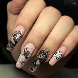 False Nails Fake Nail Art Gel Tips Full Cover Artificial Black Graffiti With Press Glue Design Clear Long Ballet On Coffin