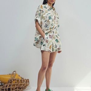 Австралийский дизайнерский женский дизайнерский модный комплект из двух предметов: льняная рубашка с принтом и повседневные шорты.