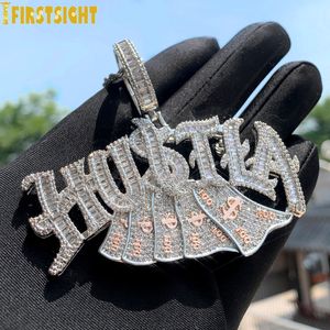 Charms Iced Out Bling Lettera Hustla Collana con ciondolo placcato oro Full CZ Zircon Denaro Charm Uomo Moda Hiphop Gioielli 230626