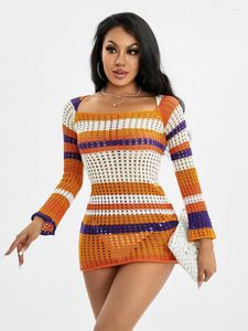 Vestidos casuais Wsevypo oco Crochet Knit Beach Dress 2023 Summer Women's Long Sleeve Square Neck Bodycon Mini For Vacation Club